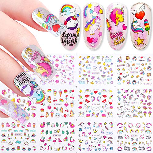 TOFD Unicorn Nail Stickers for Women Girls Fingernail Decorations 12 Sheets Water Transfer Nail Decals Cute Cartoon Rainbow Unicorn Flamingo Nail Sticker Set Manicure Charms Nail Tip Decor