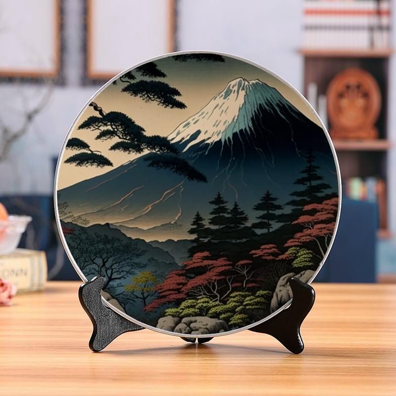 Japanese Landscape 10-inch Ceramic Plate for Wall Display or Tabletop, with Stand & Hook DP-967500717
