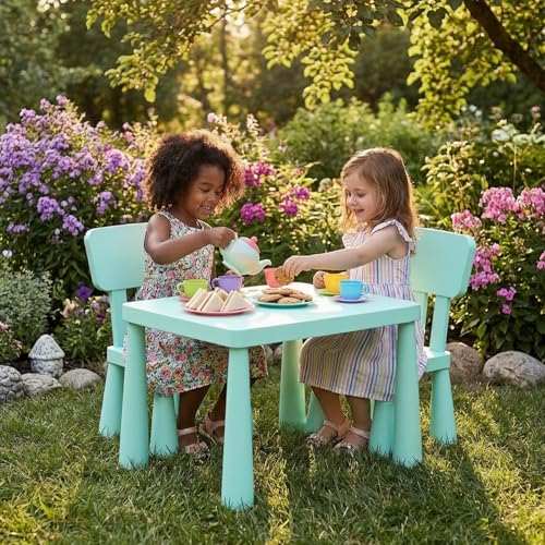 Image of Costzon Kids Table and Chairs, 3 PCS Plastic Toddler Table Set (Green)