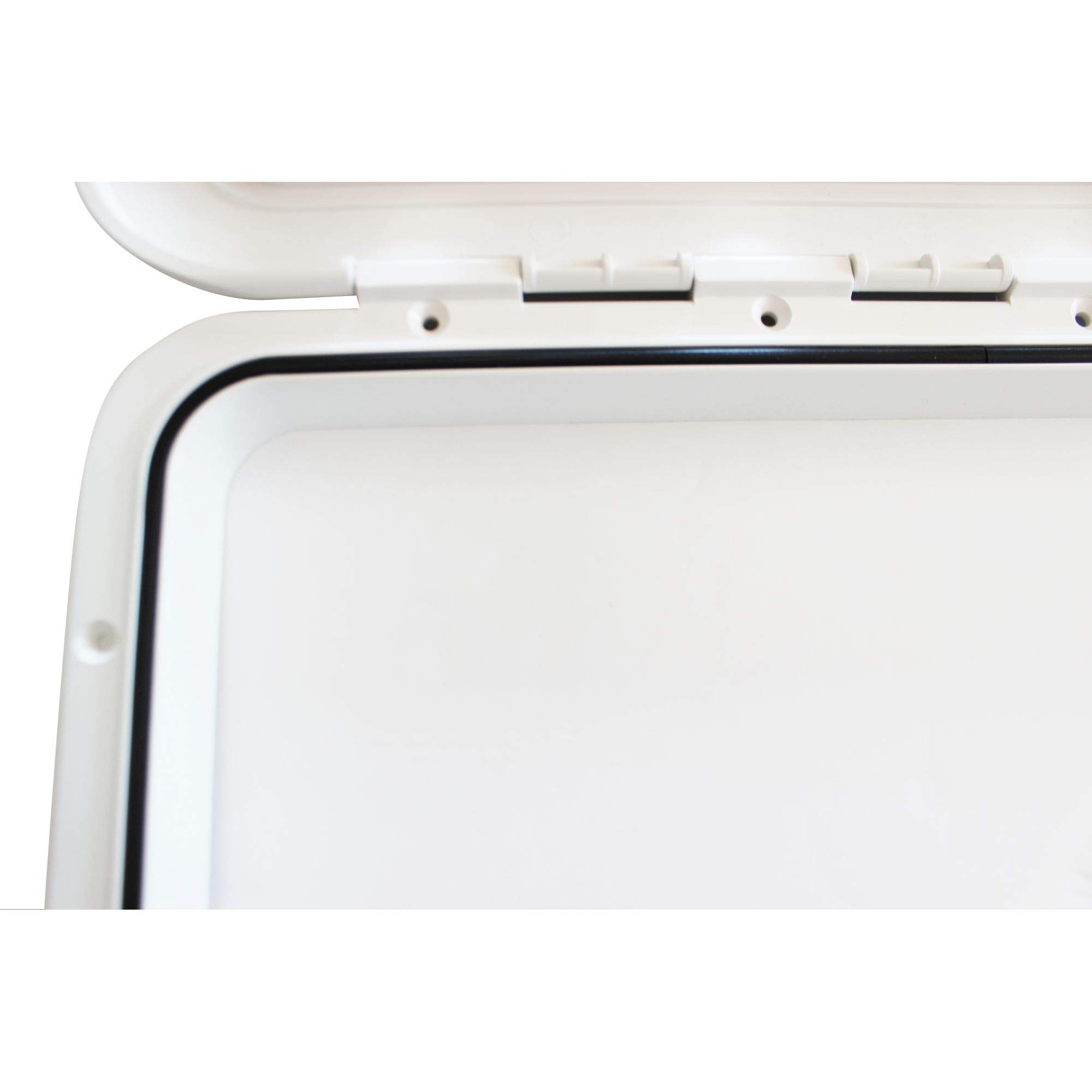 NuovaRade TOP LINE Hatch, White, 14.56" x 14.76" (0.37m x 0.375m), made of UV-resistant high-grade ASA plastic, UV-resistant cover and frame, with a 180⁰ opening door and two durable handles