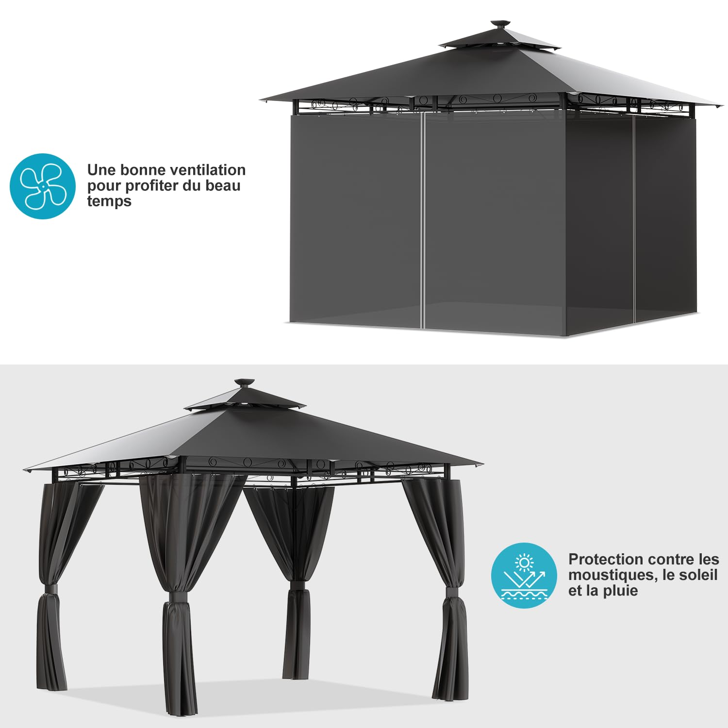 Devoko Tonnelle de Jardin 3x3m, Imperméable Deluxe Tonnelle, Tonnelle de Jardin Exterieur, Tonnelles à Cadre Métallique, Pergola Jardins Exterieur pour 4-6 Personnes, Gris