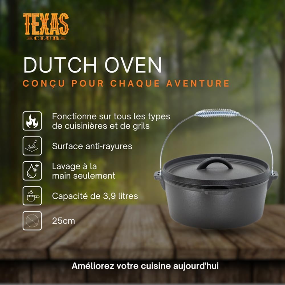 TEXAS CLUB Marmite en fonte "Dutch Oven", Marmite en fonte avec couvercle, 3.9L