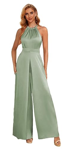 Halter Jumpsuits for Women Formal Satin Long Wide Leg Pants