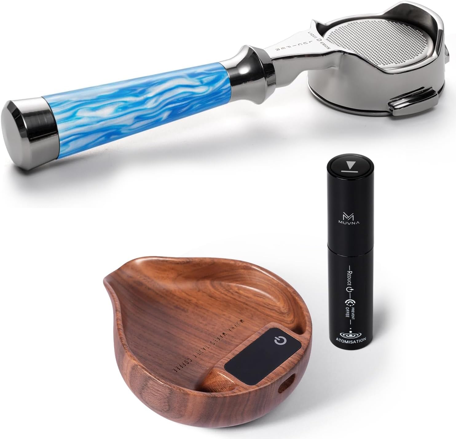 58mm Bottomless Portafilter (3-Ear, Blue) & Wood Coffee Bean Scale and Spray Bottle (Walnut) Kit