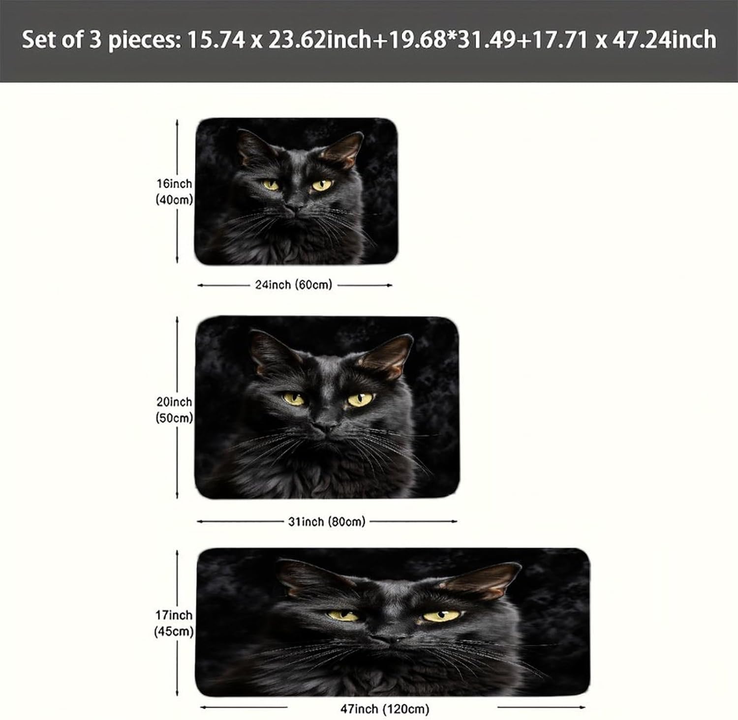 A Black Cat on A Black Background Kitchen Mat Set of 3 Waterproof Floor Mats Non-Slip Kitchen Rugs Premium Flannel Rug Heavy Duty Standing Mat for Kitchen Home Bathroom Laundry