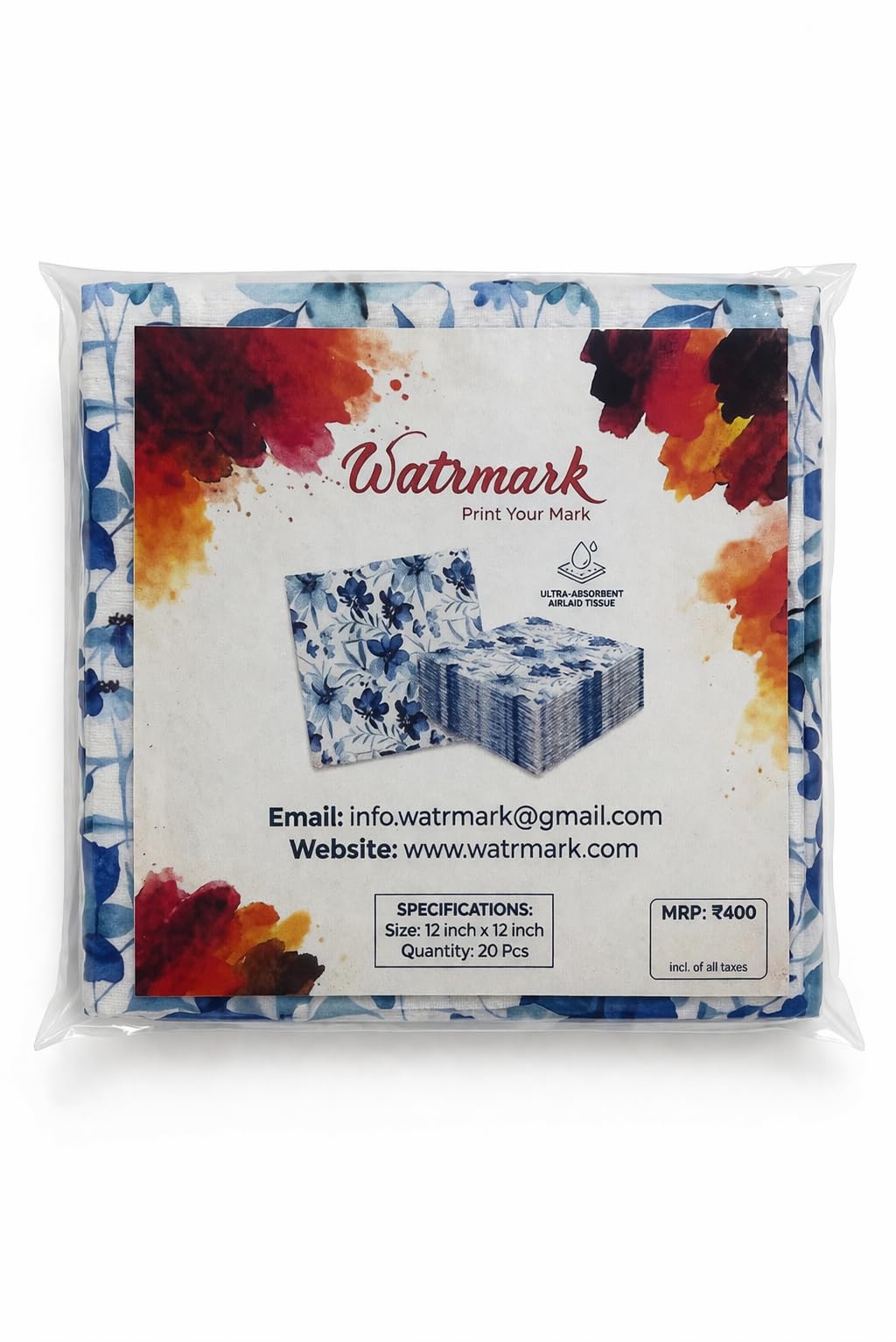 Watrmark Premium Printed Airlaid Napkins 12x12 Inch | 70 GSM Disposable Tissue | Soft & Absorbent | Floral Blue Design | Table Napkins for Restaurants, Parties & Home (Pack of 20) 2