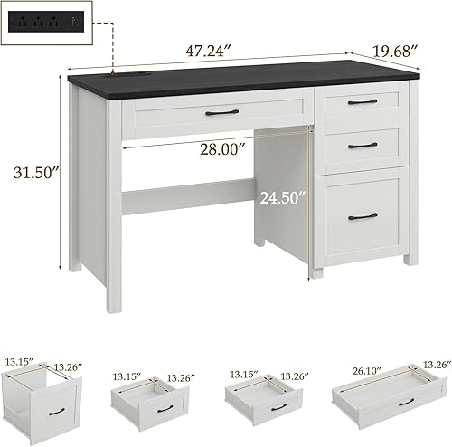 Miniatura 2 de Vabches Escritorio ejecutivo Farmhouse de 47 pulgadas con 4 cajones, escritorio para computadora con cajón de archivos y estación de carga, estación