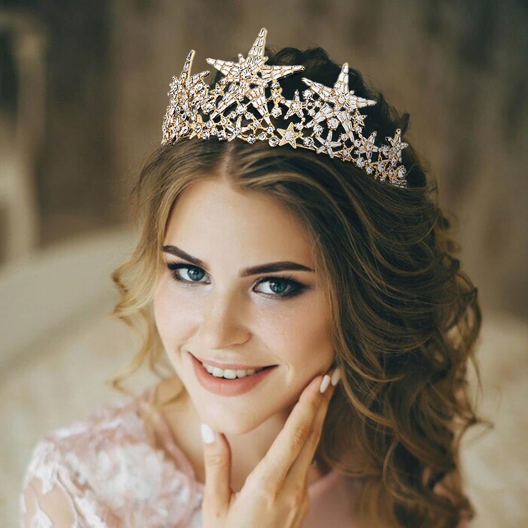 Woeoe Tiara da donna in cristallo con strass dorati, diadema da regina e corona da principessa tiara per costume da festa di compleanno accessori per capelli, METALLO