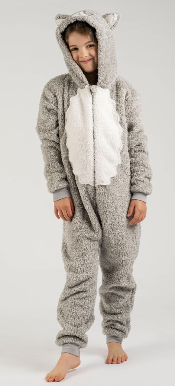 Tutina per ragazzi o ragazze in pile super morbido nero bianco gatto gattino con coda – Costume da animale AllinOnes per bambini dai 2 ai 13 anni