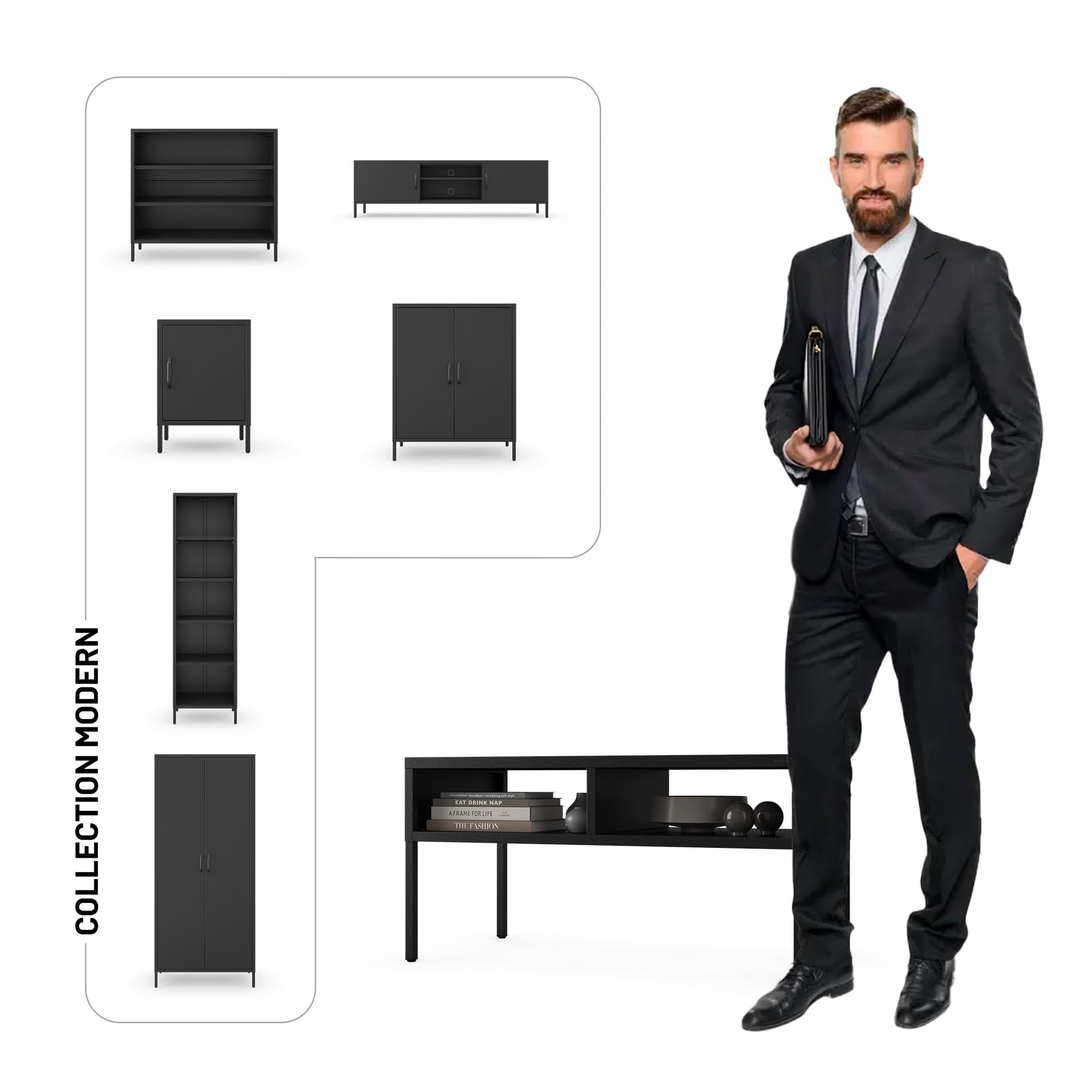 Jan Nowak MATTEO Stolik kawowy Czarny Blacha stalowa 2 otwarte schowki Styl loft Malowany proszkowo Nośność 40 kg Kompaktowy Do Biura Salonu Recepcji 900 x 450 x 450 mm