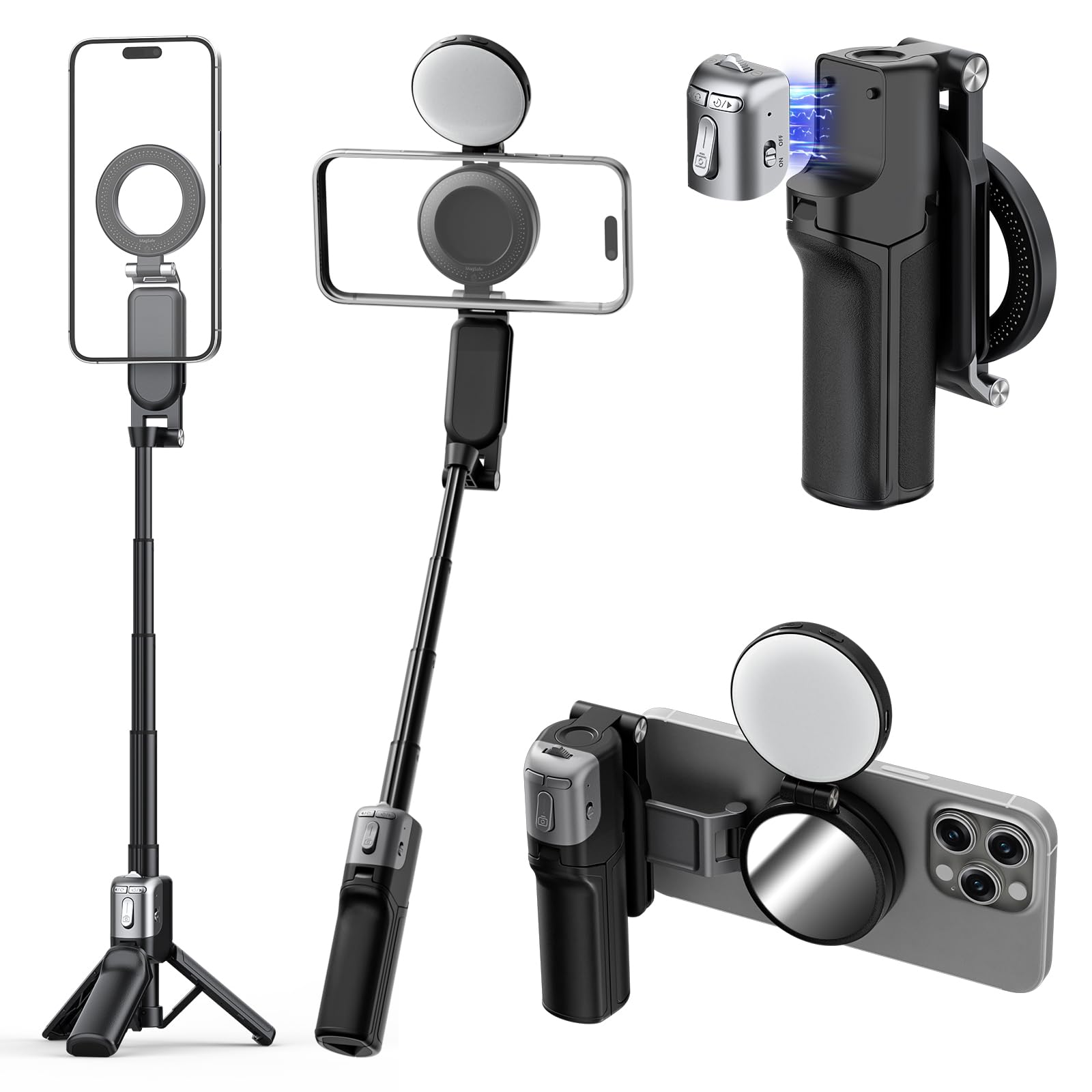 AMAZEAR Magnetisches 4-in-1 Selfie Stick Stativ,Bluetooth,schwarz mit Licht