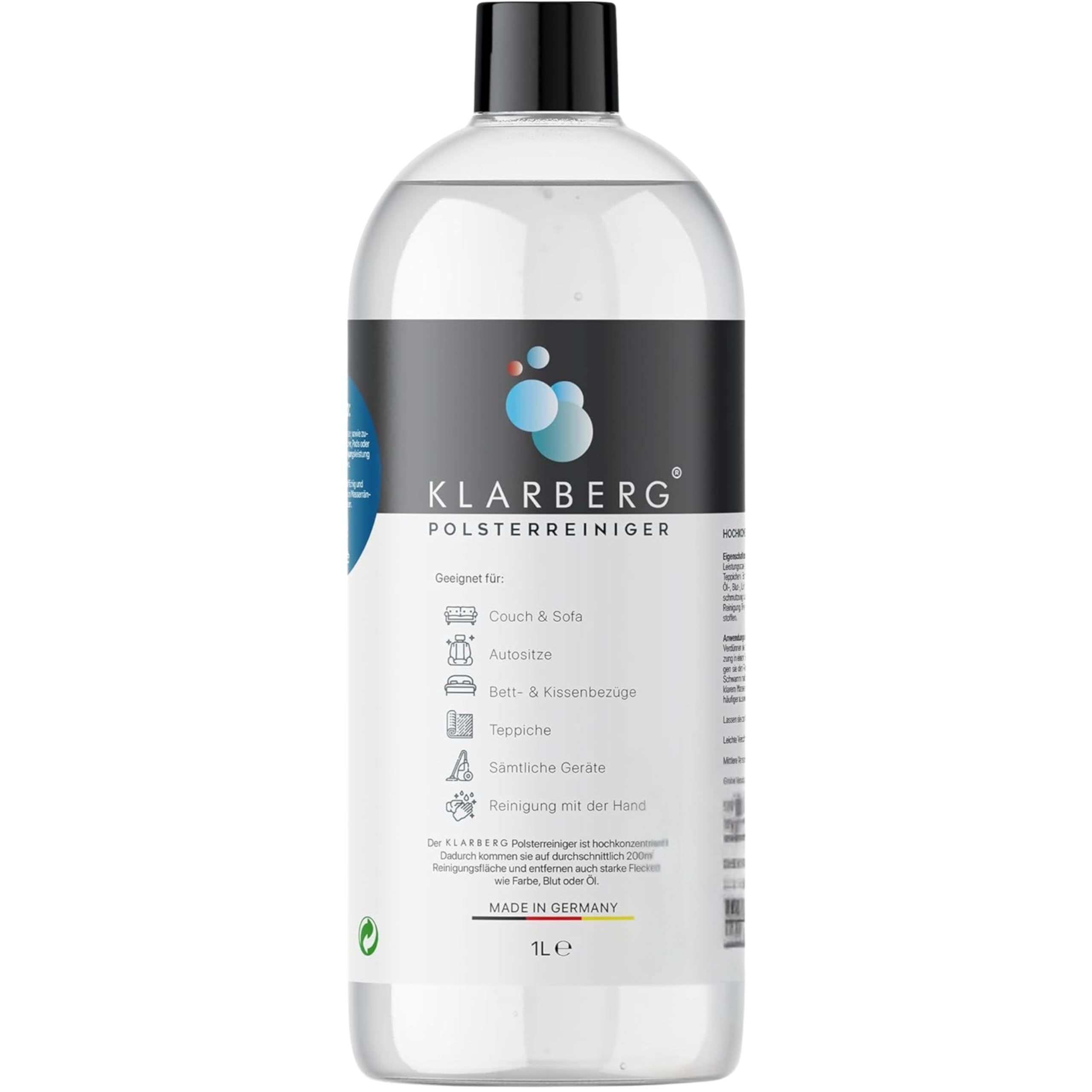 KLARBERG 1L Limpiador Textil Concentrado para Sofá Alfombras y Asientos de Coche | Limpia sofá alfombra asientos de coche y moqueta profundamente. Fórmula concentrada compatible con dispositivos y uso manual.