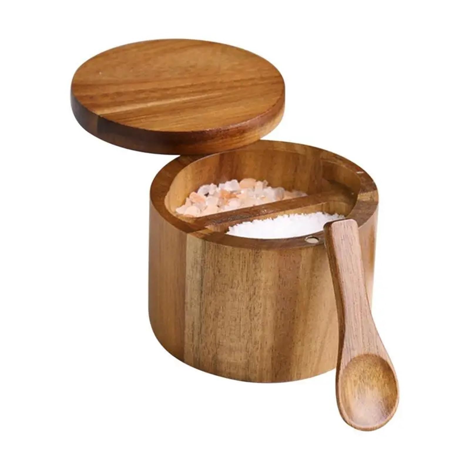 LuoAXINN Wooden Salt Cellar Salt Container Box Pepper Sugar Storage Cellar Holder Bowl Kitchen Accessories Seasoning Spices Jar(Double grid model)