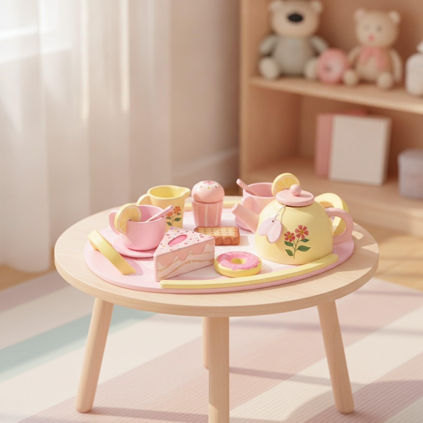 Vassoio con Tazzine Giocattolo Colorato | Favorisce l'interazione Sociale, Gioco Del Tè con Accessori per Dolci, senza Schermi, Servizio da Tè in Legno Teiera