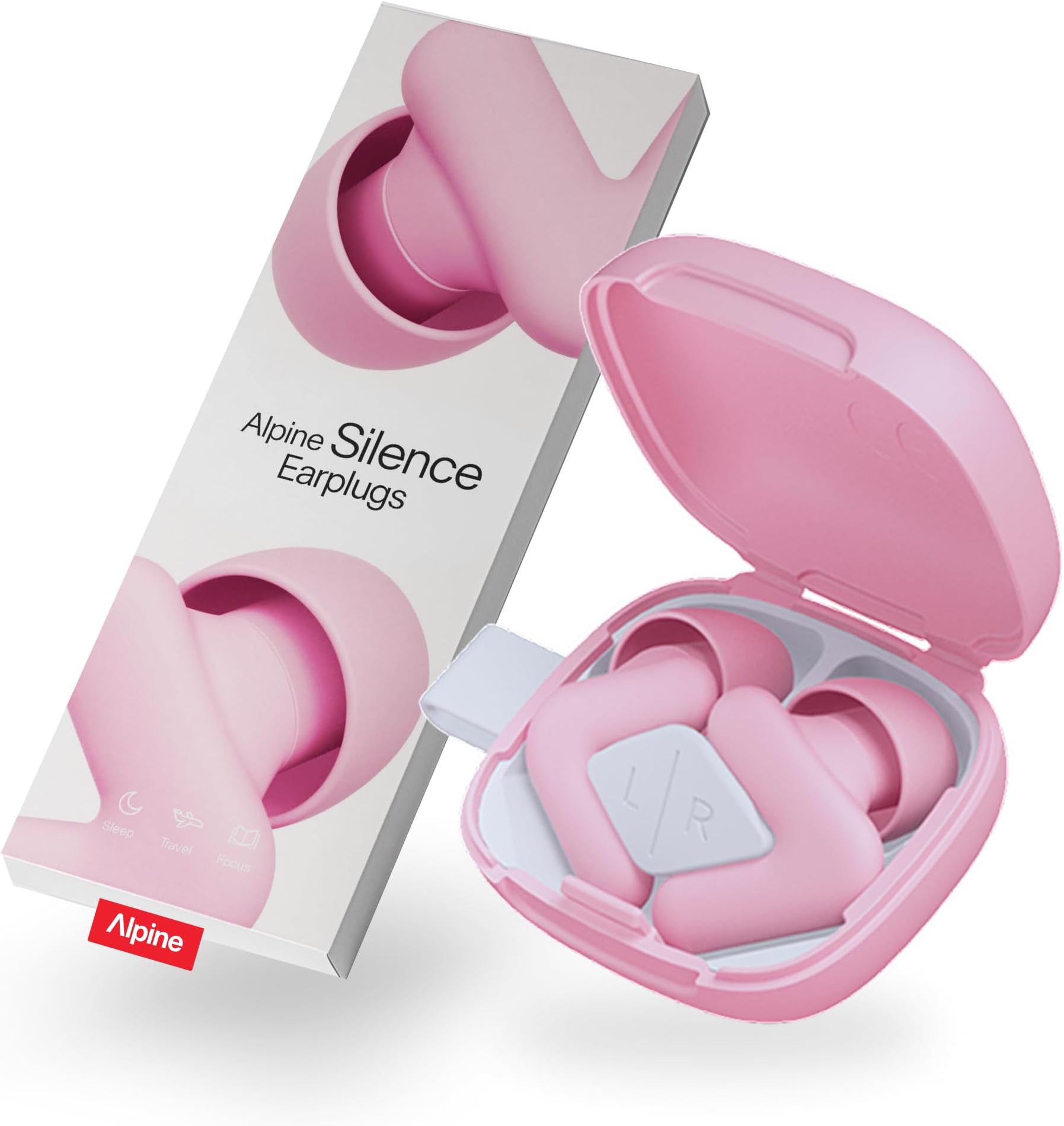 Alpine Silence Ear Plugs for Sleep, Focus & Travel - Comfortable, Travel Essential, Noise Cancelling Earplugs, V-Shape Snug Fit & Soft Oval Tips, 4 Sizes XS/S/M/L, Reusable Ear Plugs - Pink