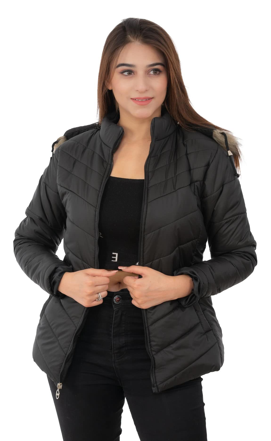 Women's Winter Jacket, Stand Collar, Quilted Polyester with Fleece Lining, Water Resistant, Regular Fit, Side Pockets, Black-picture-40