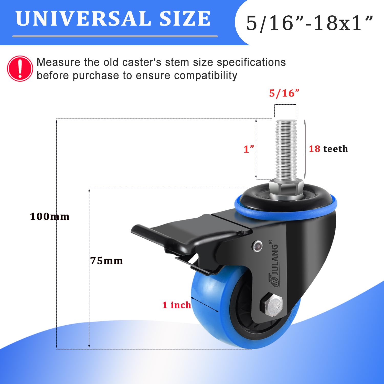 Zestaw 4 kółek gwintowanych 5,1 cm z trzonkiem gwintowanym 5/16", bardzo mocne, zamykane, do montażu na drążku (UNC 5/16" - 18 x 1 i udźwig 263,1 kg) do półek metalowych