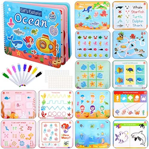 Home 58 Augot Toddler Busy Book, Montessori Busy Book for Kids, 14 Pages Different Ocean Theme Sensory Educational Toys, Preschool Sensory Book Early Learning Activities Toys for Girls Boys Home Kindergarten