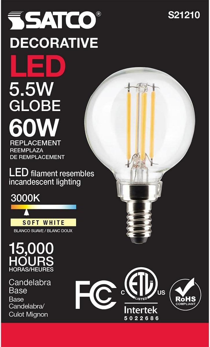 Satco 5.5-Watt LED E12 Light Bulb, 3000K, 15000 Hour Rating, Dimmable