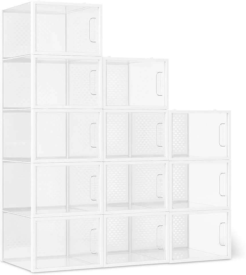 Stackable and Foldable Clear Shoe Storage Organizer Box, Large, 12-Pack