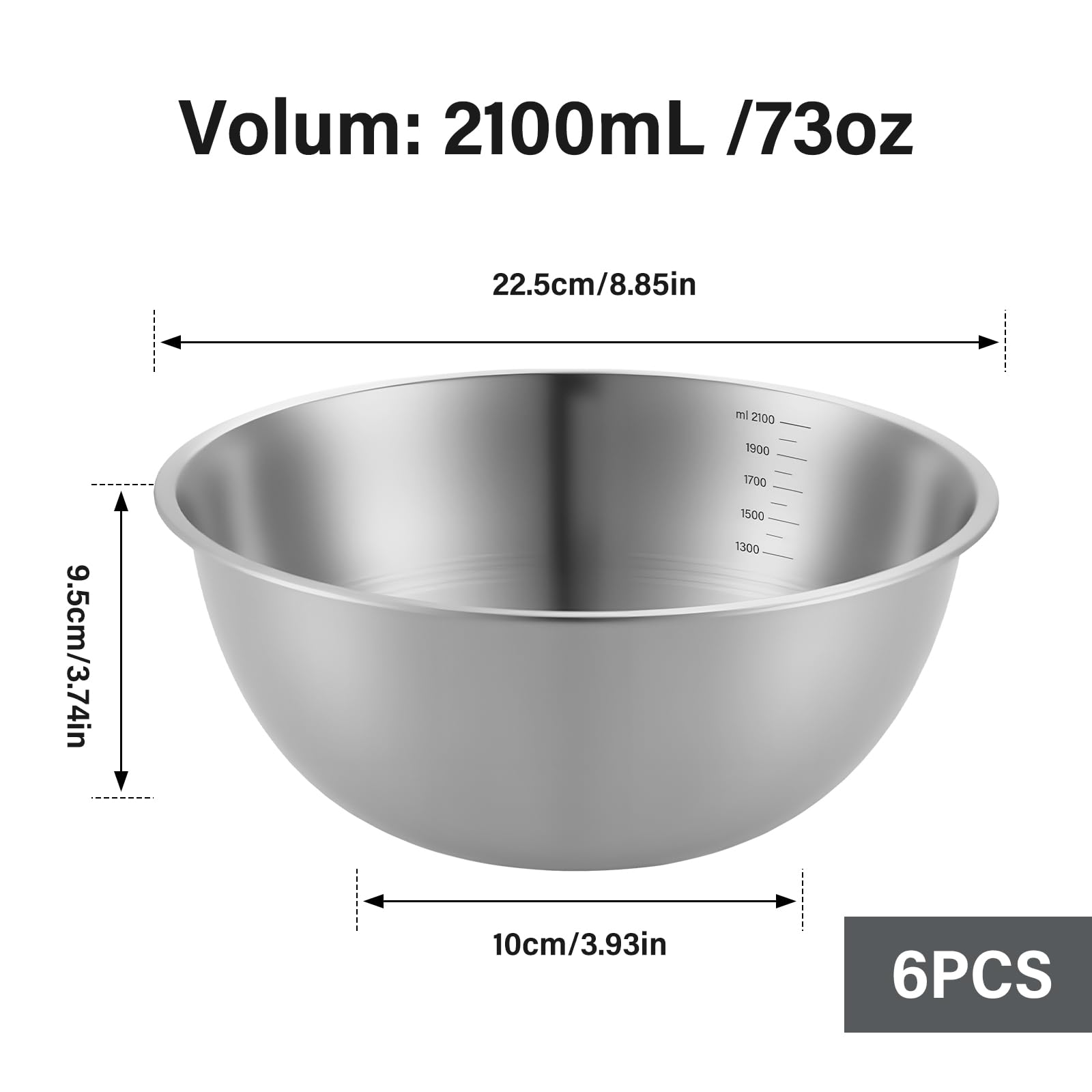 6 ciotole in acciaio inox, 2100 ml, in acciaio inox, ciotola per insalata, diametro 22,5 cm, ciotola per insalata, ciotola in acciaio inox, piastra impilabile, per cucina, ristorante, cene di famiglia