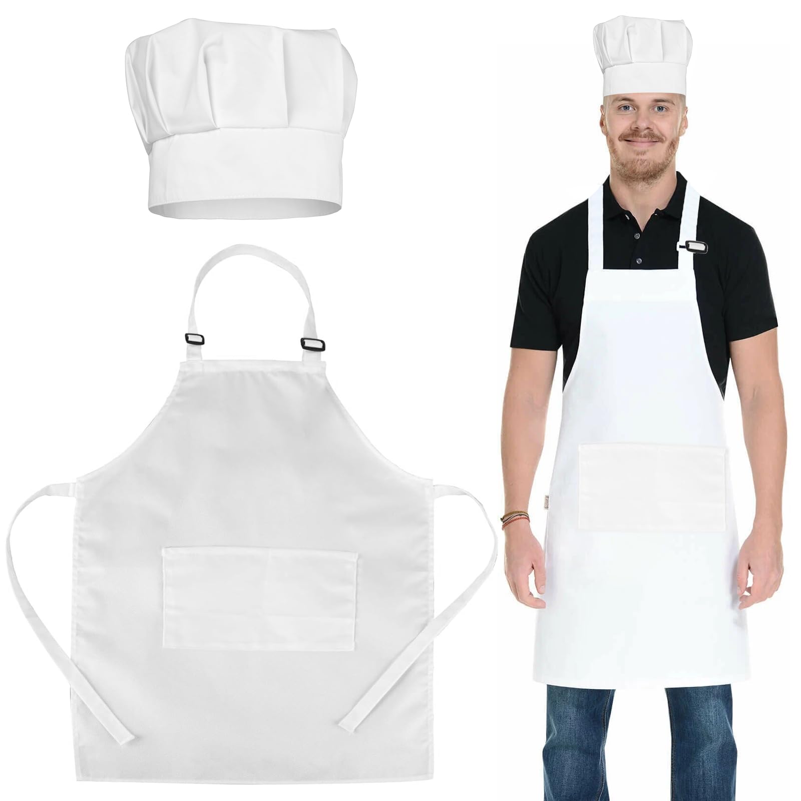 Chef Apron and Hat Set, White Chef Apron with 2 Pockets, Adjustable Waist Apron, Adult Chef Hat and Apron for Kitchen, Restaurant, Cooking, Coffee Shop, Bistro