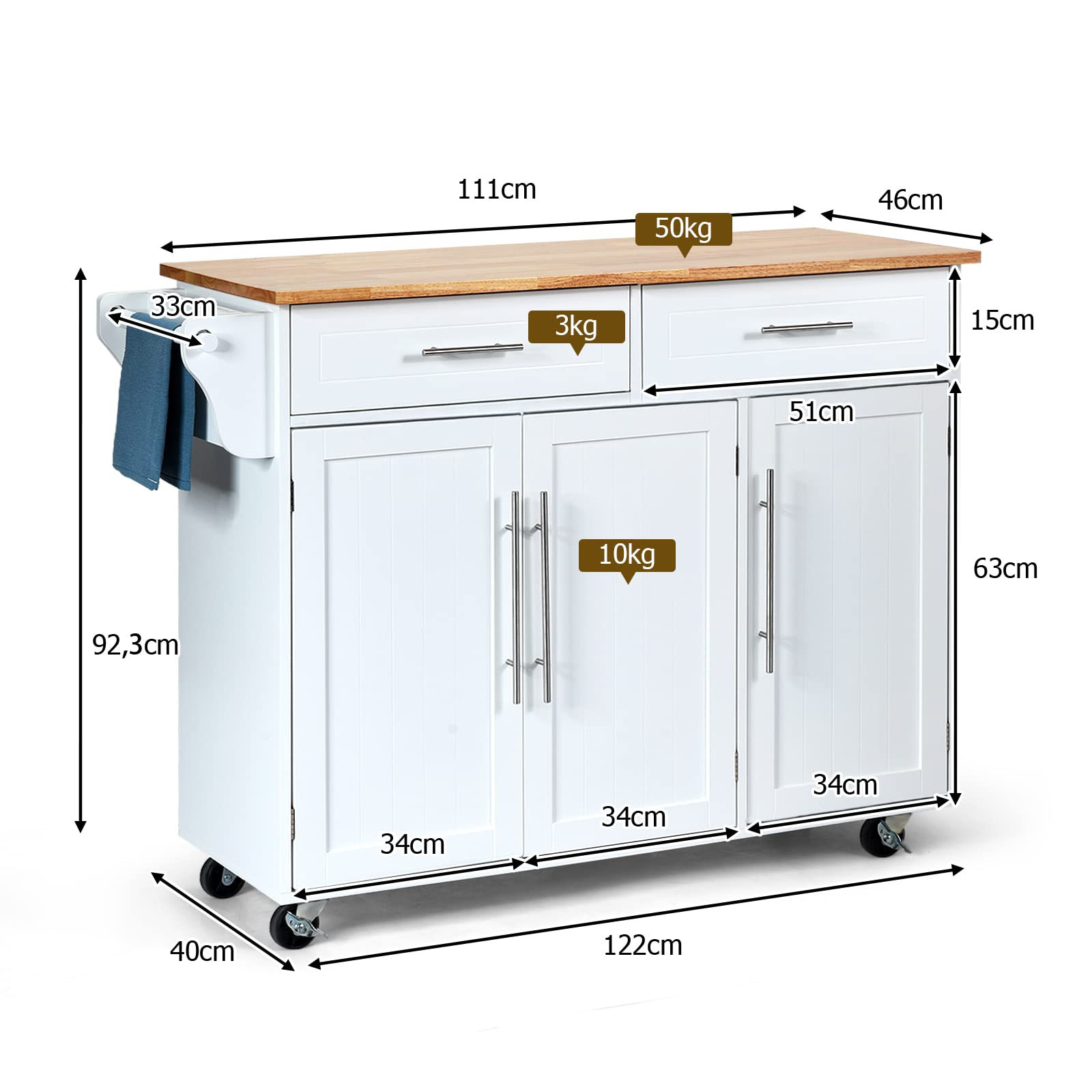 KOMFOTTEU Carrito de Cocina con Ruedas, Carro de Servicio con Encimera de Madera de Caucho, Isla de Cocina con Cajones, Toallero y Estantes Ajustables, Carrito Auxiliar, 122 x 46 x 92 cm (Blanco)