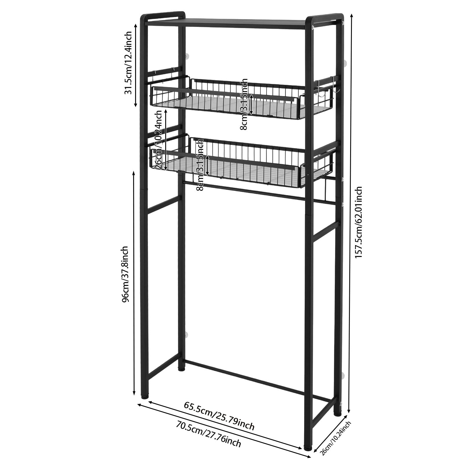 Estantería para lavadora de 3 niveles, color negro, estantería de baño, dos cestas de almacenamiento, con ganchos, ahorra espacio, reposapiés antideslizantes, 70,5 x 26 x 157,5 cm