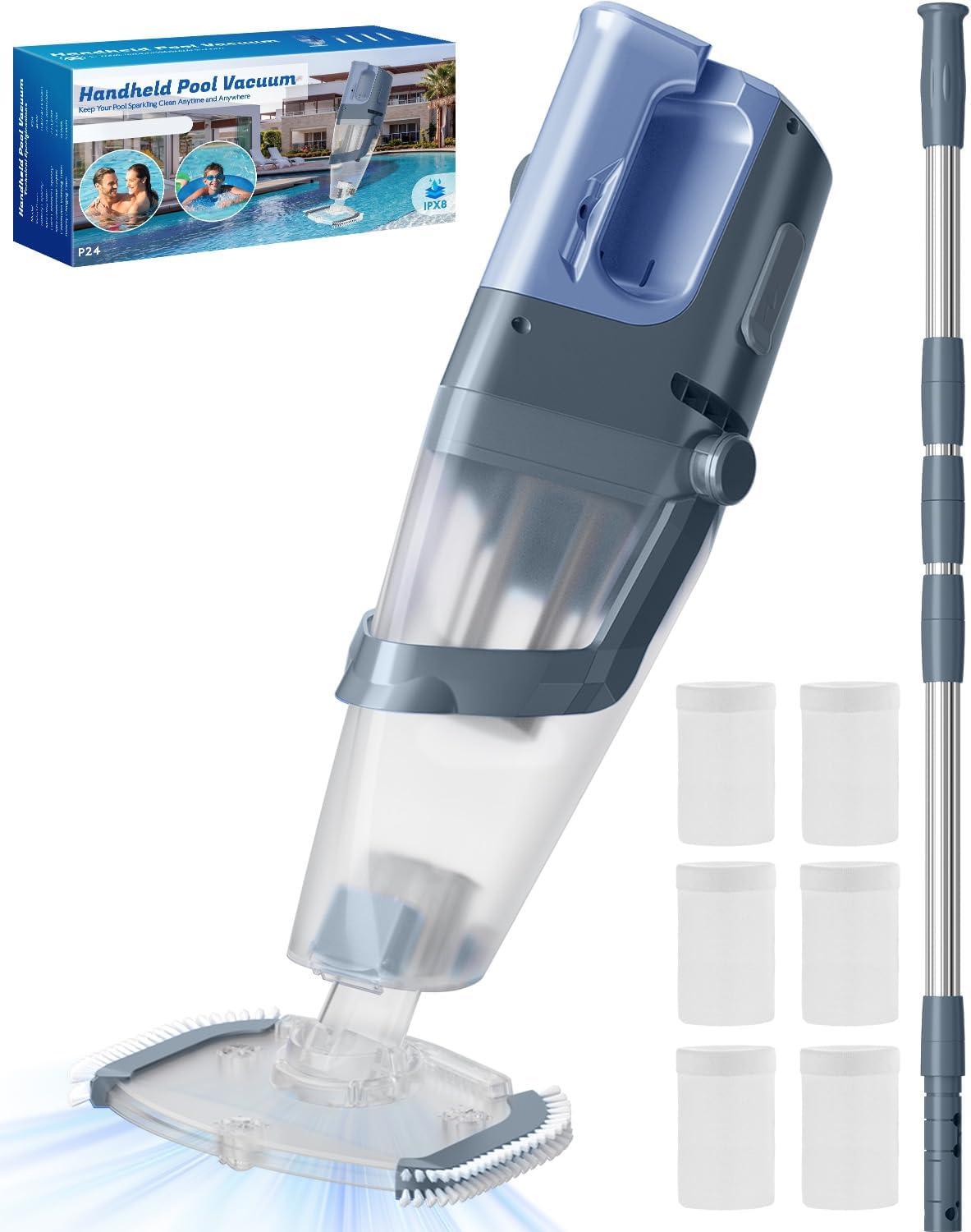 Cordless Handheld Pool Vacuum Cleaner with Telescopic Pole, 26.5 GPM Powerful Suction, Longer 1H Runtime, Portable Pool Vacuums for Above Ground/Inground Pools, Hot Tubs, Spas Titanium Blue