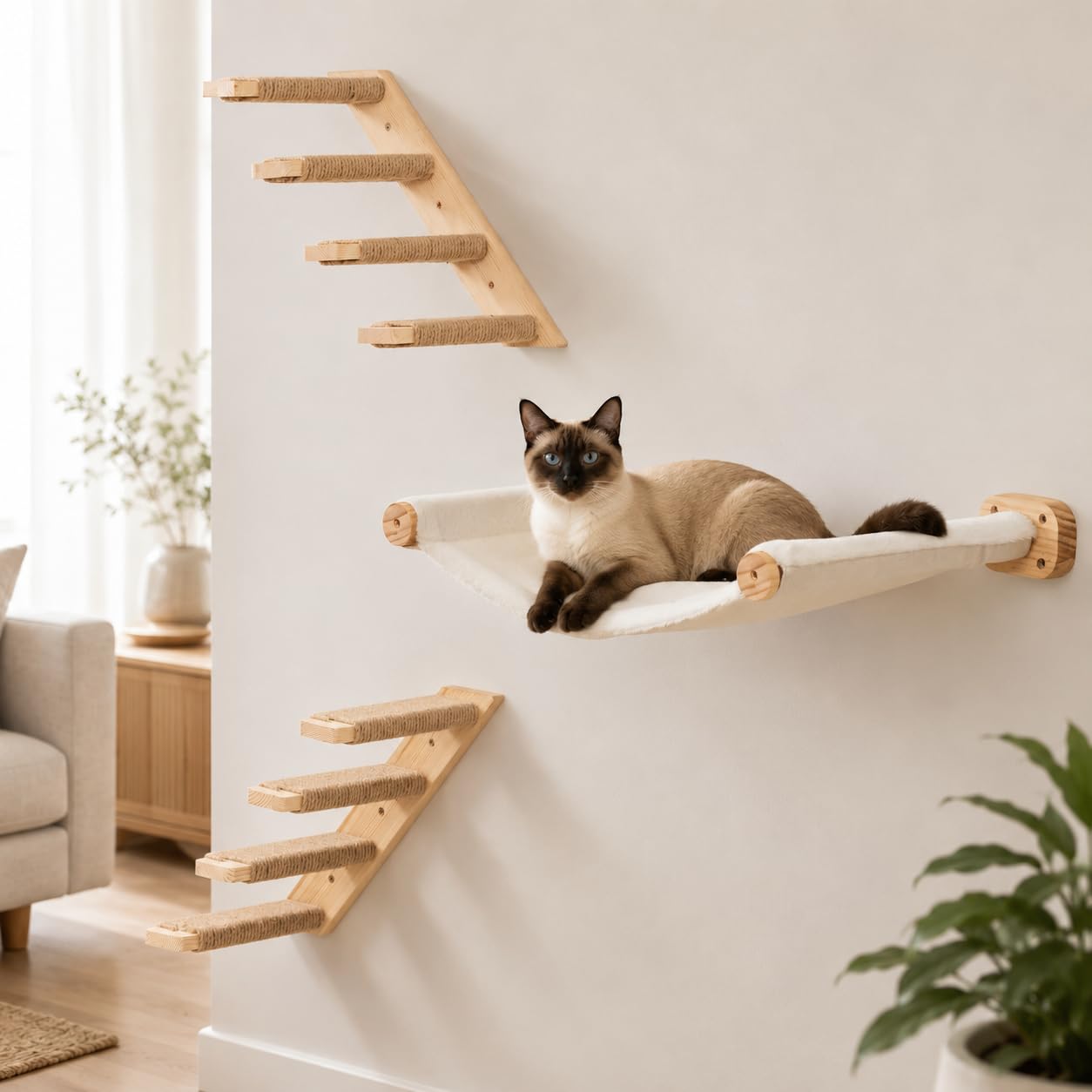 Amaca da parete per gatti, con 2 gradini, in legno, per dormire, giocare, arrampicarsi, rilassarsi