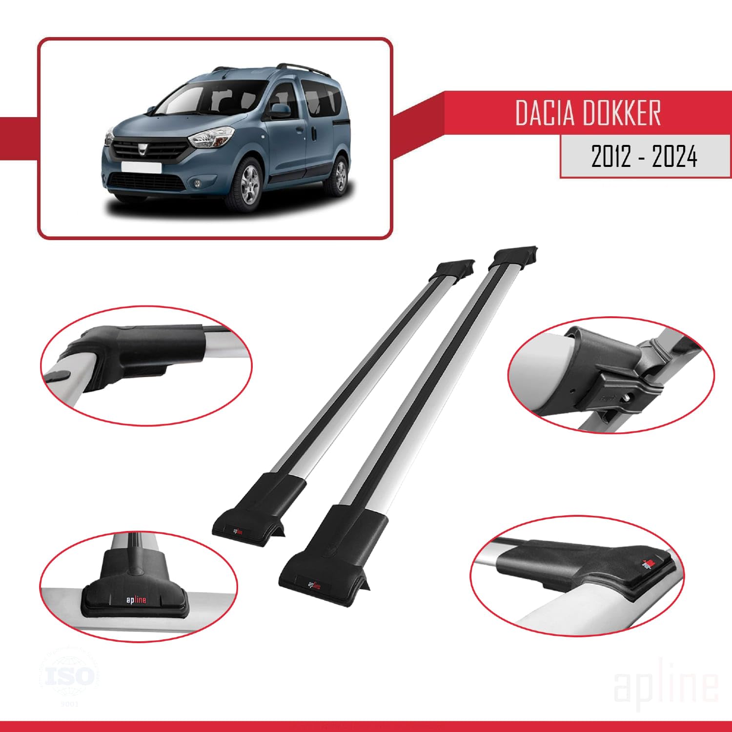 Barres De Toit FLY Gris Pour Dacia Dokker 2012-2023 - Porte-Bagages - Compatible Coffre, Porte-Vélos, Porte-Skis - 4