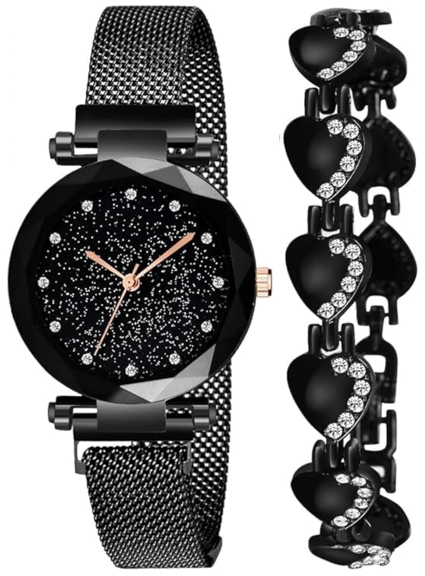 Women's Branded Analogue Black Dial Magnet Watch, Gift Combo