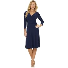 Rekucci Womens Slimming 3/4 Sleeve Fit-and-Flare Crossover Tummy Control Dress