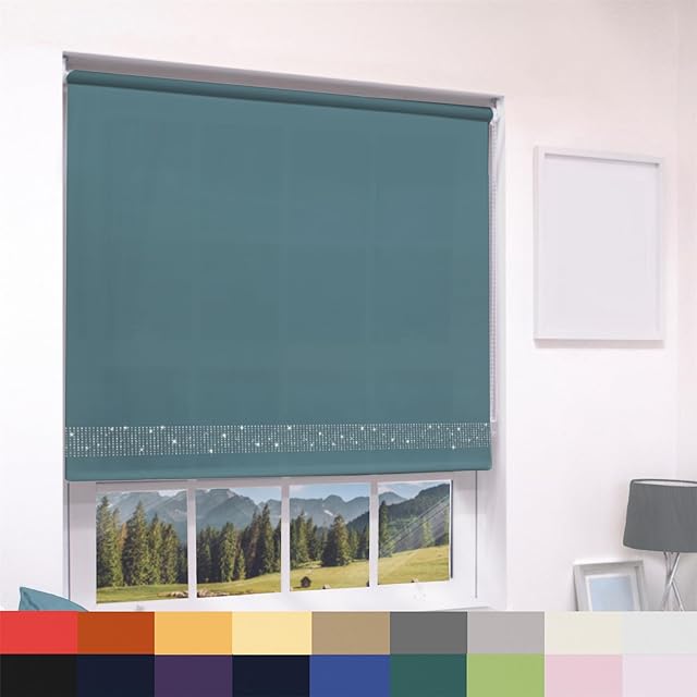 Diamante Glitter Straight Edge Dimout Roller Blind - Easy Fit Home Office - 60cm Width x 160cm Drop - Teal