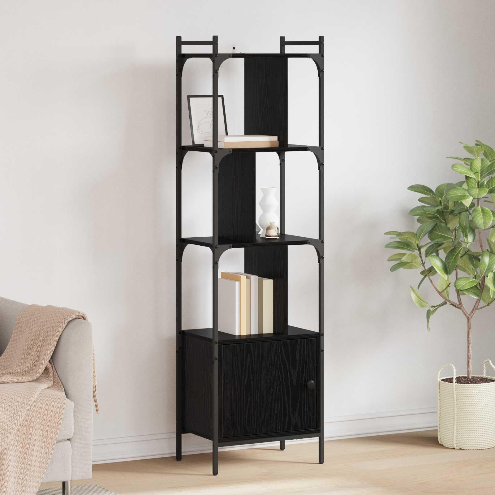 Libreria nera effetto rovere, 44,5 x 30 x 154,5 cm, con 6 ripiani aperti e porta, robusto materiale in legno, versatile, per soggiorno, studio, cameretta dei bambini