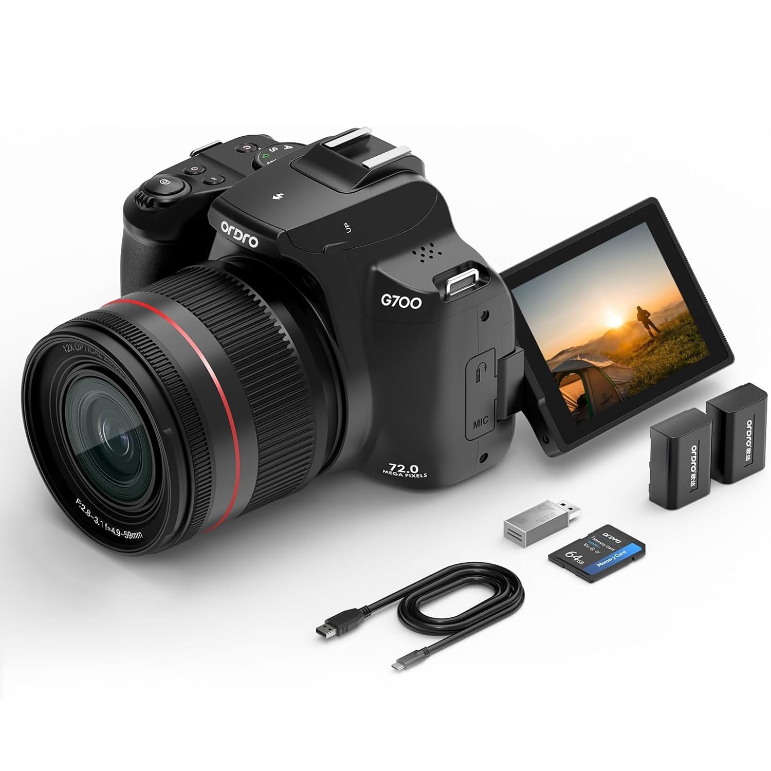 ORDRO G700 4K Ultra HD-Digitalkamera mit optischem Zoom, 64 MP, 3,0-Zoll-Klappbildschirm, AF-Autofokus + MF-Kamera mit manuellem Fokus für Fotografie, Kamera für Vlogging