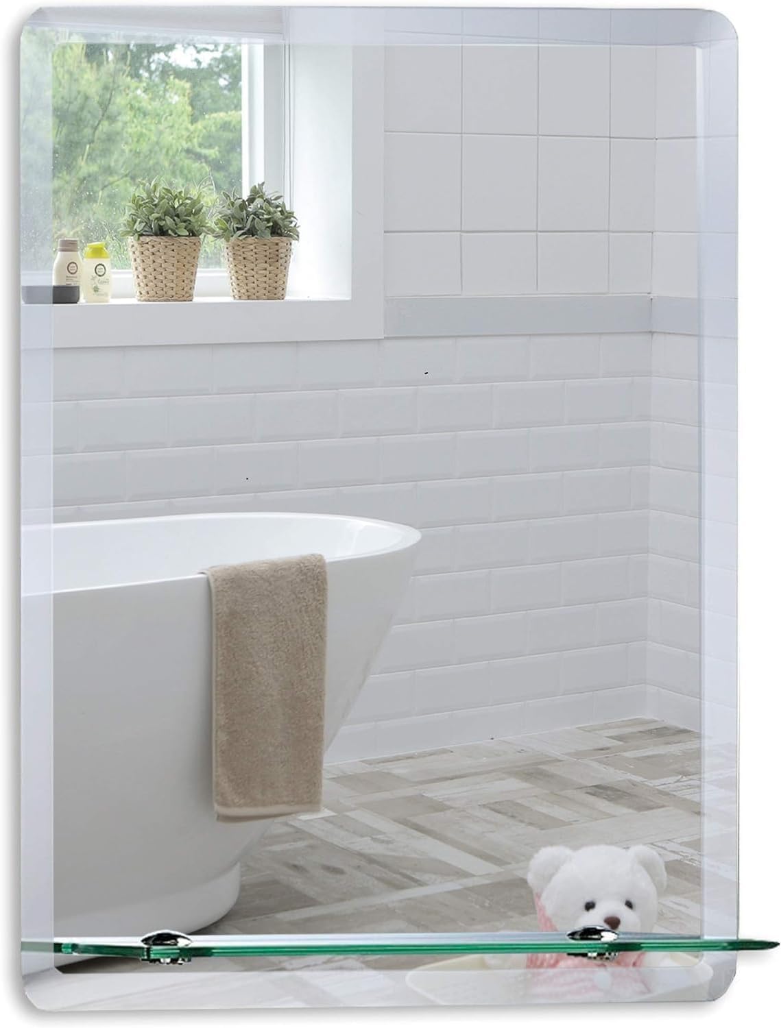 Neue Design Silver Mood® Premium Rectangular Bathroom Mirror With Shelf, Wall Mounted Bevelled Frameless Mirrors, Toilet Bedroom Hallway, (70Cm X 50Cm)