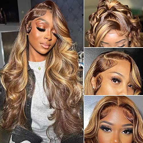 Mzkew 18 Inch Ombre Lace Front Wig Human Hair 13x4 Blonde Highlight 150% Density Brazilian Virgin Pre Plucked with Baby Honey (4/27 Body Wave Inch)