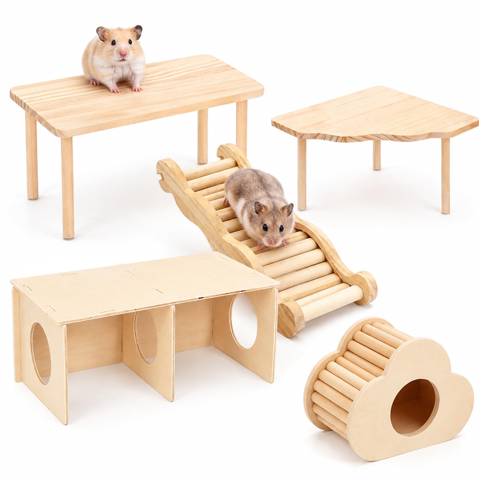 Hamster Plattform 5er Set, Hamster Spielzeug mit Plattform, Fächerplattform, Wellenleiter, Verstecktunnel & Wolkenhaus, Hamster Zubehör aus Naturholz für Meerschweinchen Chinchilla Kleintiere Käfig