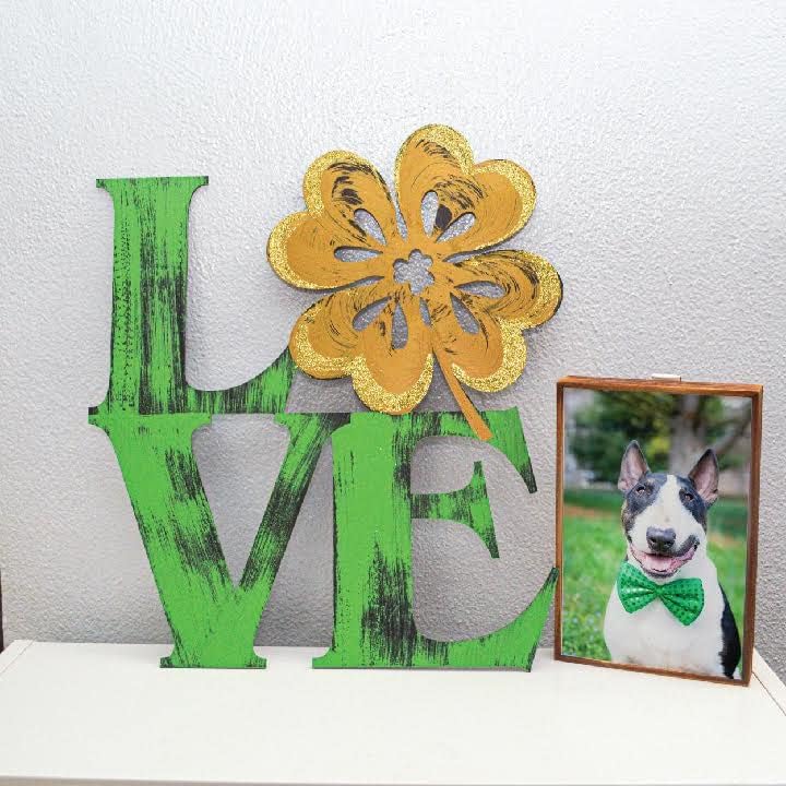 Wall Decor Stacked Love Shamrock Word Wall Art, 15.5 Inches High x 17.7 Inches Wide, Hand Painted 3D Wall Decorations (Green and Gold)