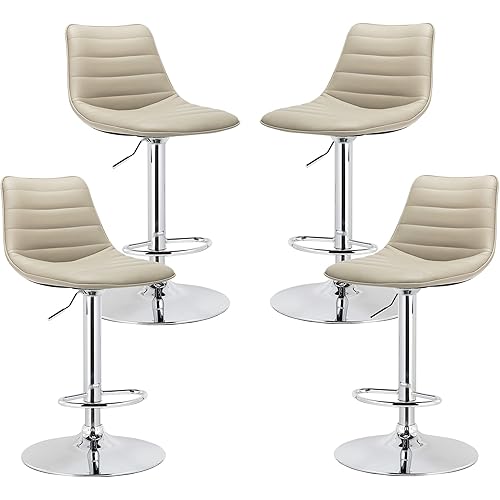 NOBPEINT Modern PU Leather Adjustable Swivel Bar Stools, Shell Back Armless bar Chairs, TAN (Set of 4)