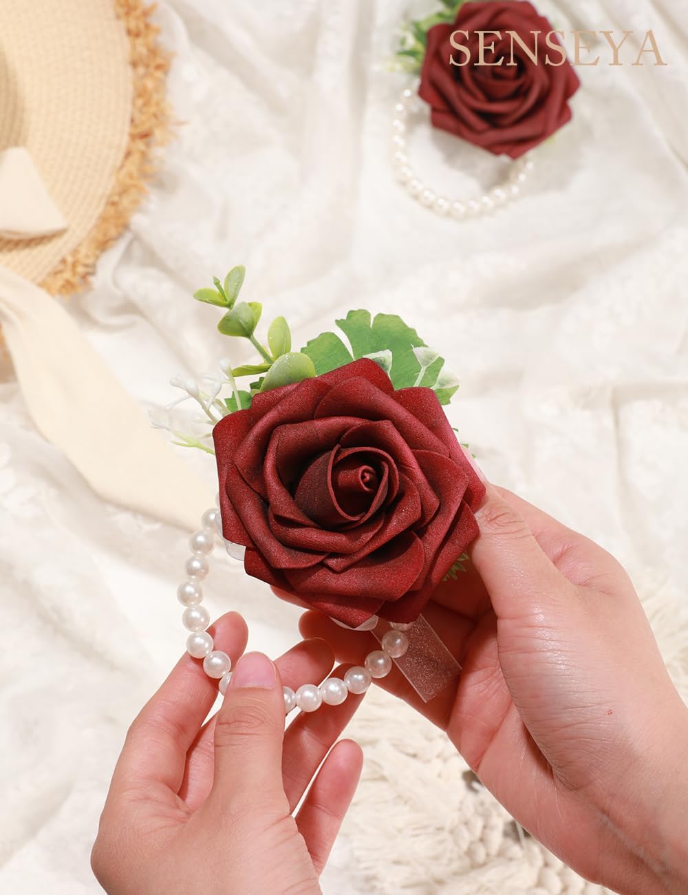 Senseya Wrist Corsage Set of 6 for Wedding Prom Party, Artificial Flower Wristlet Band Bracelet for Girls Women Bride Bridesmaid (6 Wrist Corsage- Red)