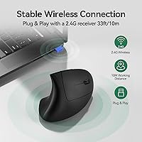 Vista 4 de TECKNET Ratón ergonómico, mouse Ergo vertical recargable inalámbrico 800-4800 niveles, 5 DPI ajustables, silencioso 2.4 GHz óptico túnel carpiano