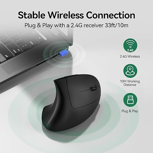 Miniatura 4 de TECKNET Ratón ergonómico, mouse Ergo vertical recargable inalámbrico 800-4800 niveles, 5 DPI ajustables, silencioso 2.4 GHz óptico túnel carpiano