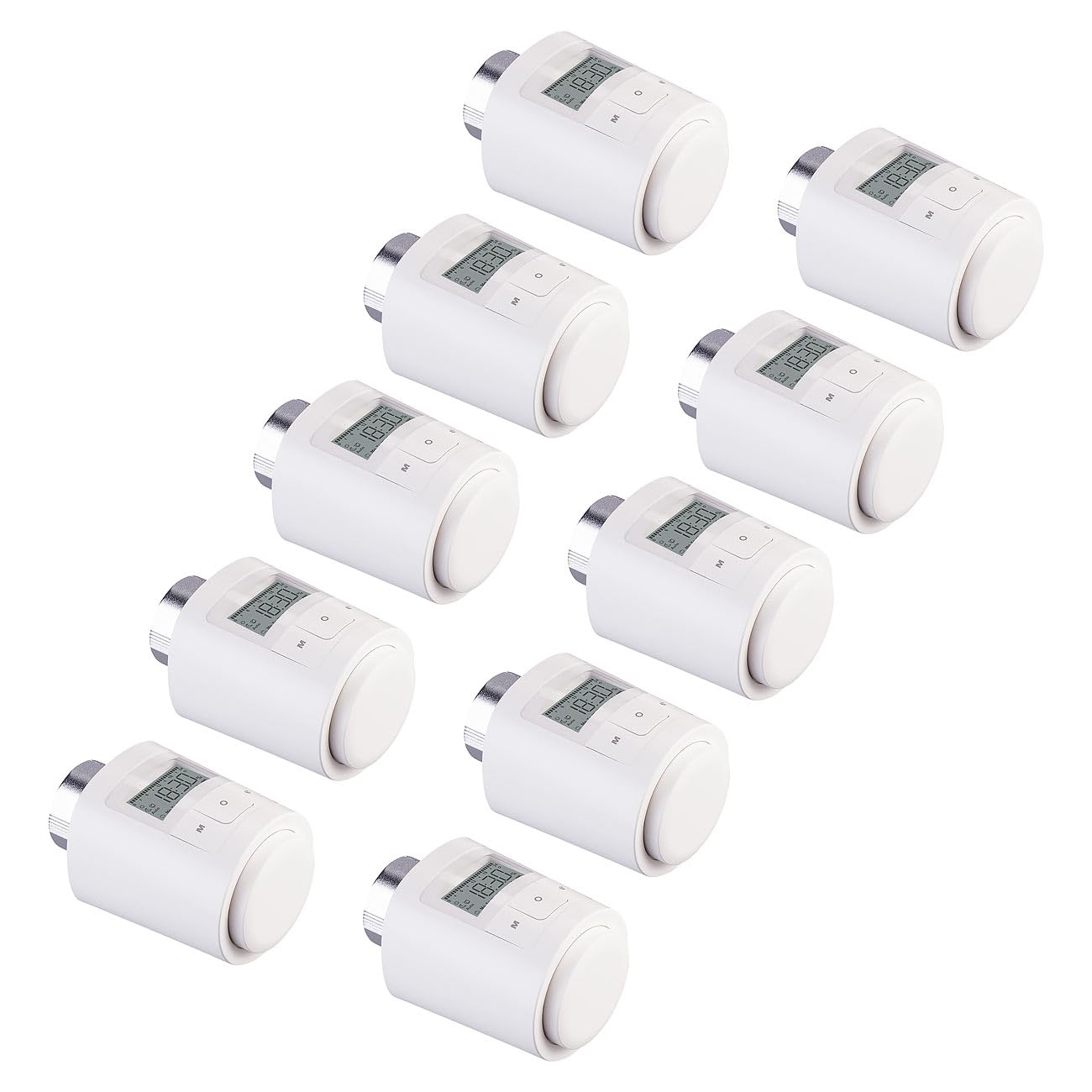 revolt termostato di riscaldamento: Set da 10 Termostato per radiatori, Display LCD, fino a 9 orari di accensione al giorno (elettronico per termosifone, valvole termostatiche, batteria)