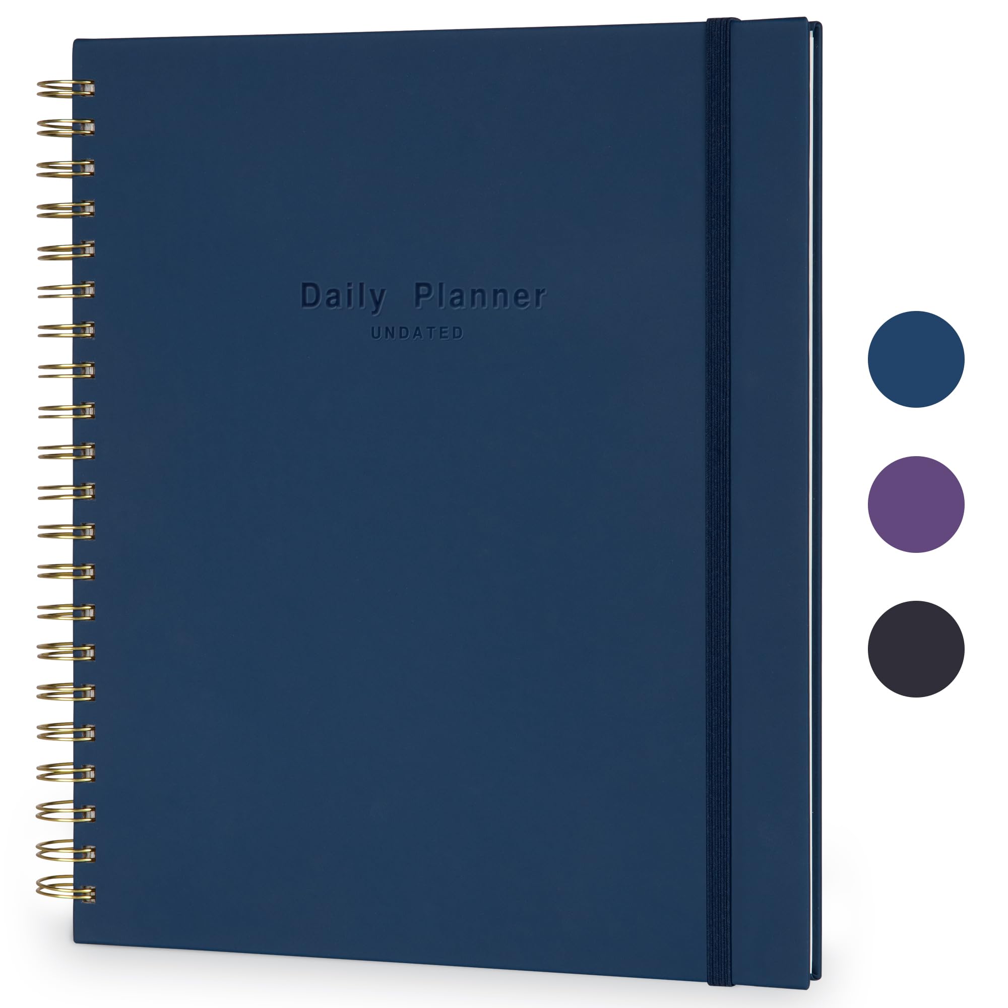 Undated Daily Planner To Do List Hourly Schedule 2026 2025 2024 Calendar & Holiday Habit Tracker 200 Pages Letter Size 8.5" x 11" Sheets Hardcover Spiral Bound Notebook (Navy Blue)