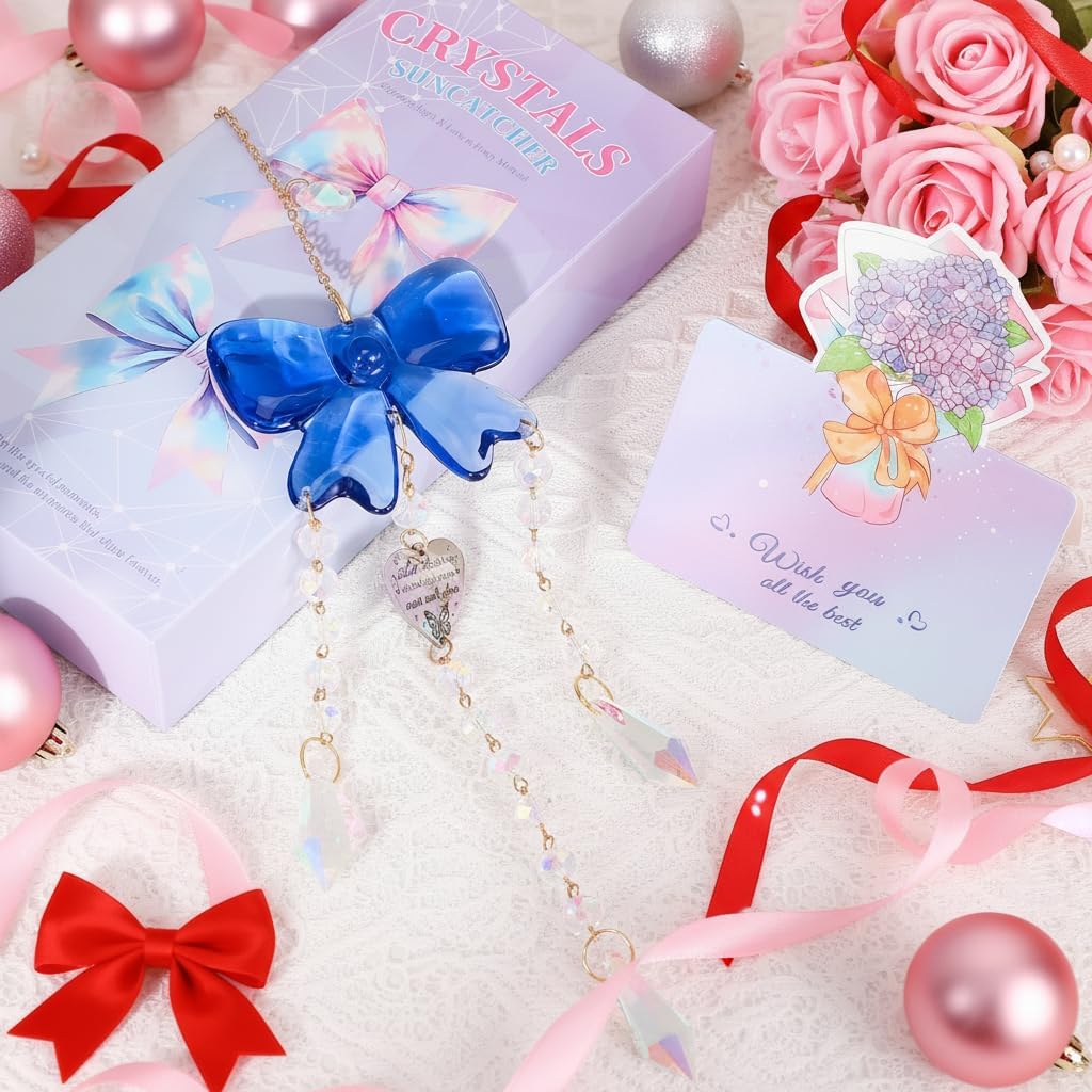 Crystal Sun Catchers Indoor Window,Bow Decor Sun Catcher for Sister Gifts with 3 Chains,Prism Rainbow Crystal Suncatcher for Hangings College Dorm Rooms Home Decoration Blue - Image 2