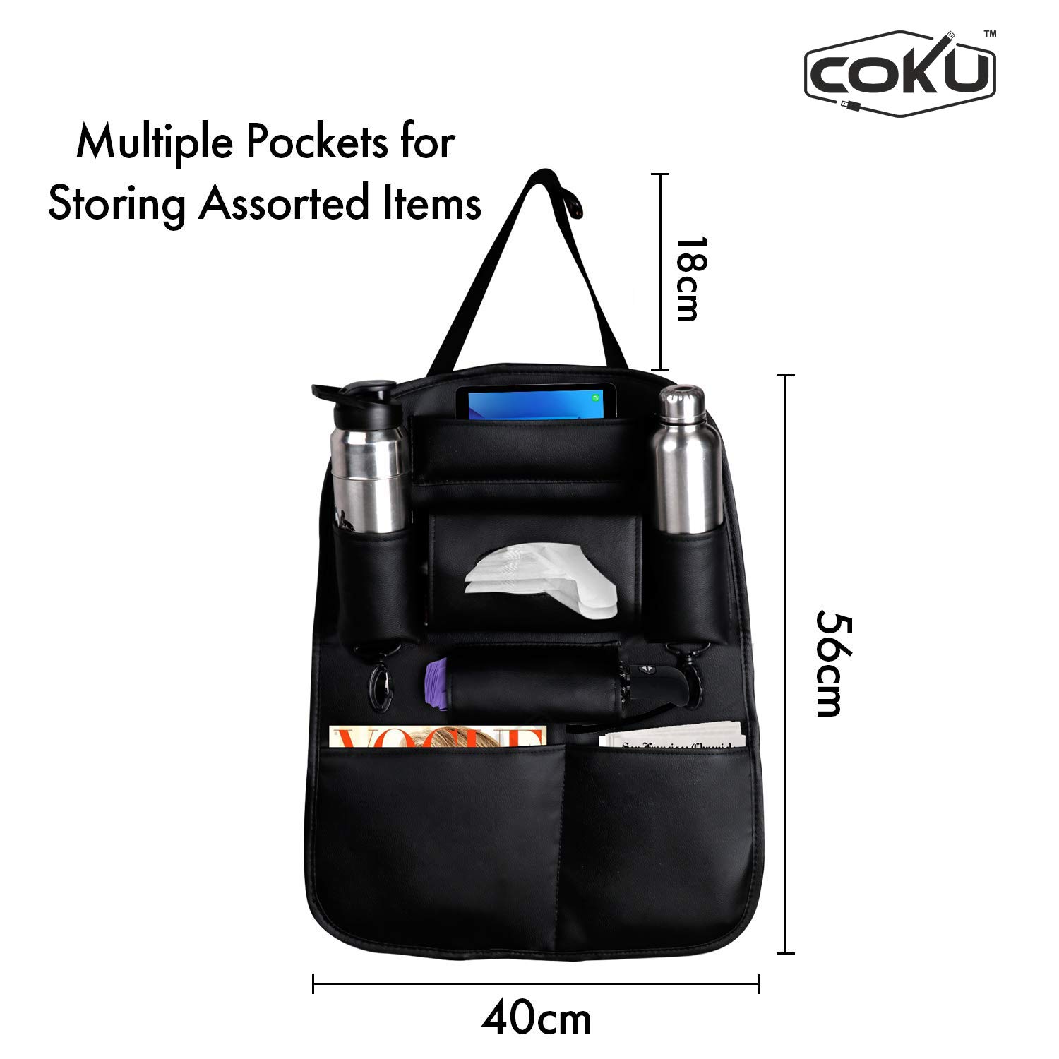 coku Universal Back Seat Car Organizer Multi Pocket Storage with Document, Water, Bottle Tablet and Tissue Holder (Black) - Image 2 thumbnail