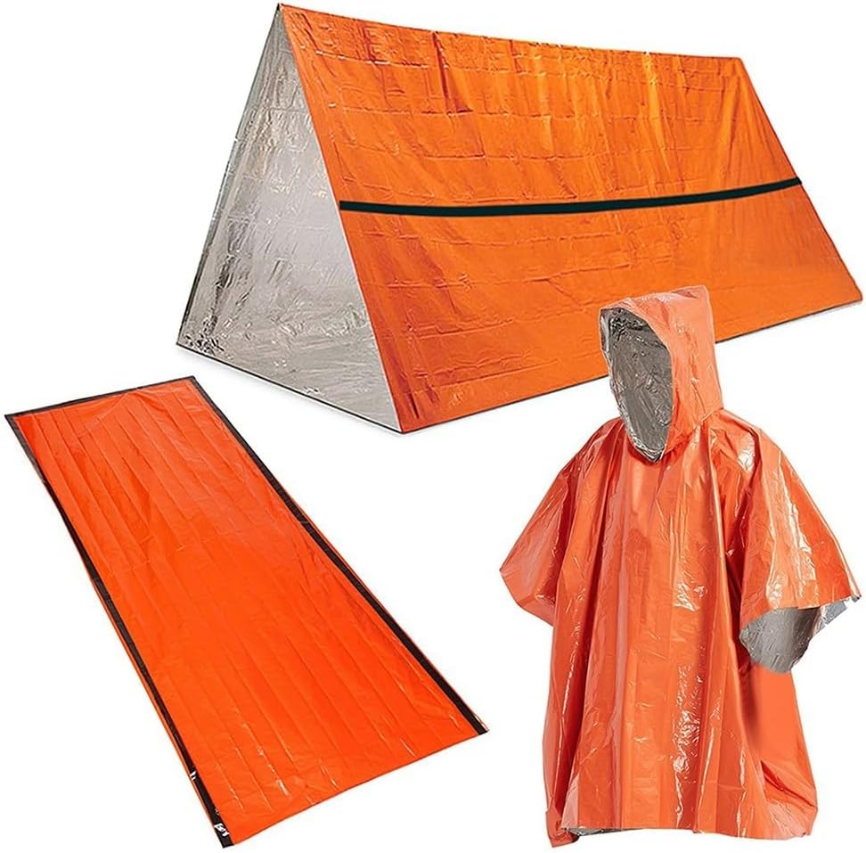 Water Resistant Thermal Rain Coat Sleeping Bag And Tent Set For Outdoor Survival Camping Hiking Backpacking Needs(Orange color)