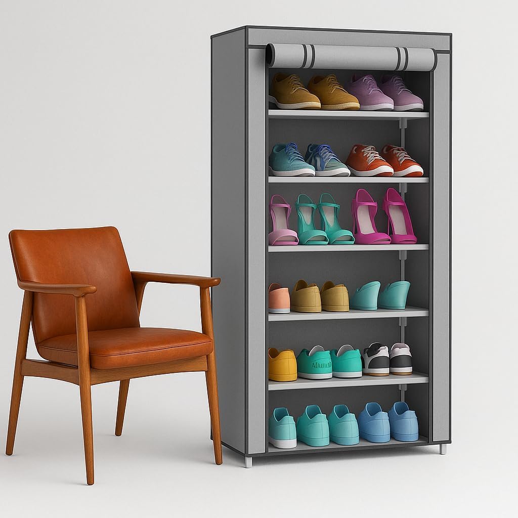 6 Tier Multipurpose Metal Shoe Rack Organizer Stand | Space Saving Portable Storage Shelf 300mm Depth (Grey)